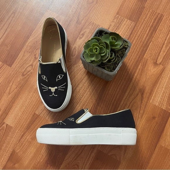 Charlotte Olympia - Kitty Cat Platform Slip On Sneakers - Black & Gold - Sz 36 - Picture 2 of 8